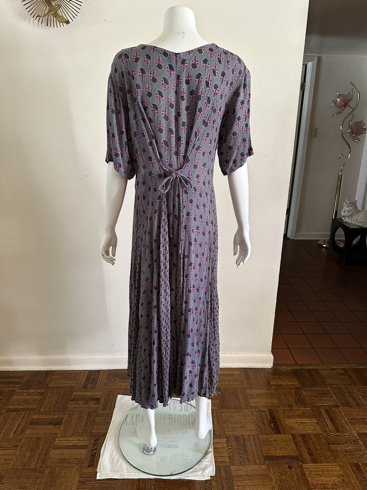 1990s Indian Block Print Rayon Gauze Tie Back Dress Grunge Floral Punk M 90s VTG