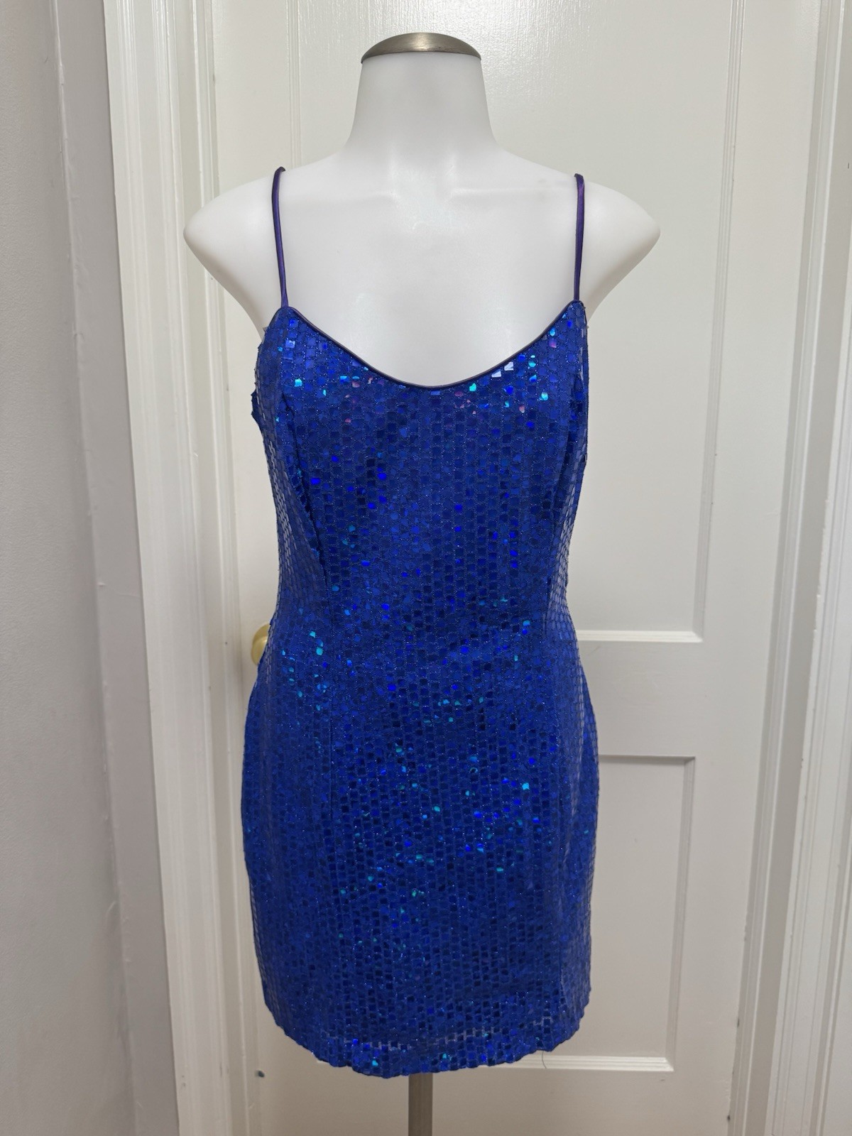 Vtg 80s 90s LA GLO Blue Sequin Mini Dress 7/8 Slip Prom Disco Metallic Clubwear