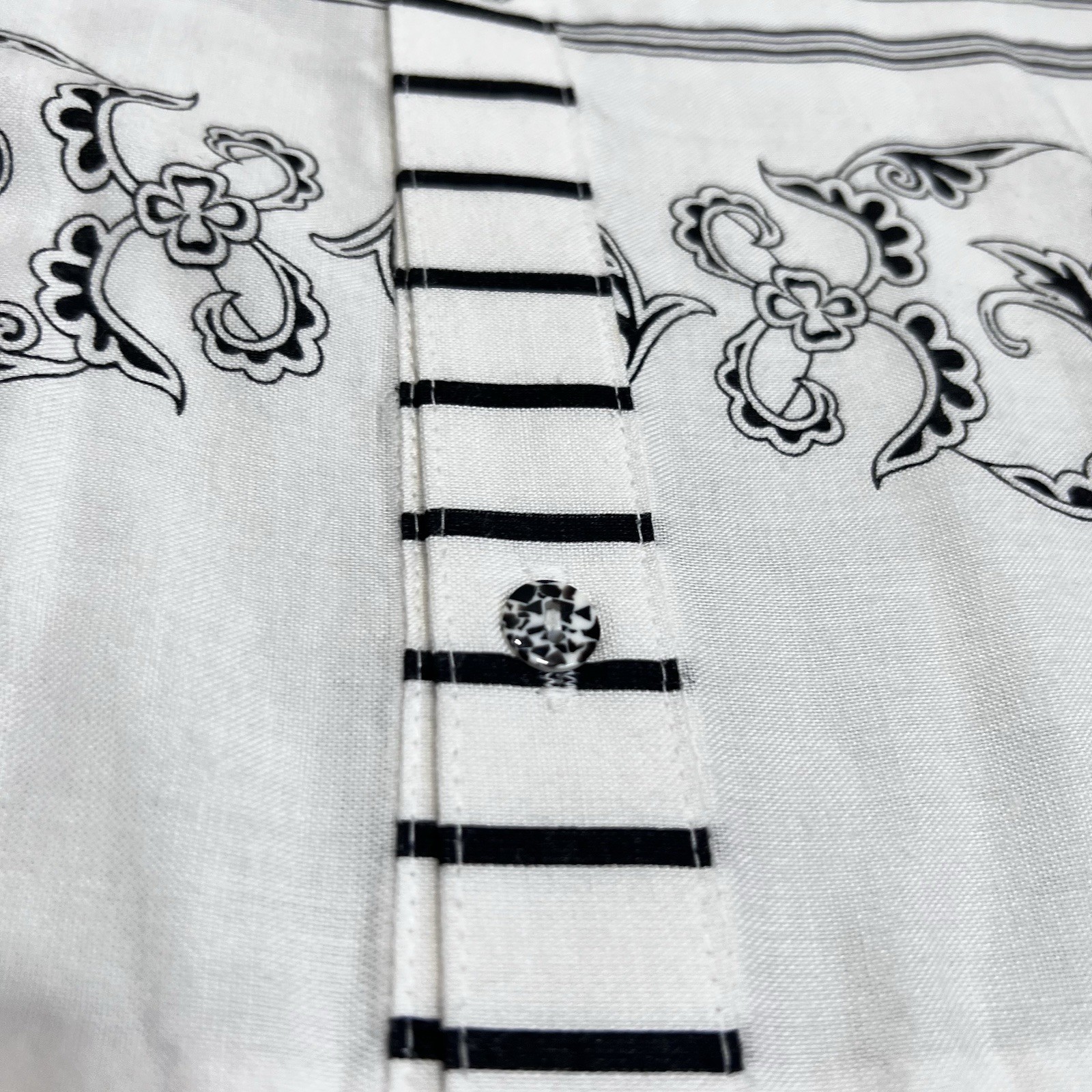 Vintage 70s Button Up 2XL Black White Stripe Floral Motif Leaf Scroll USA Made