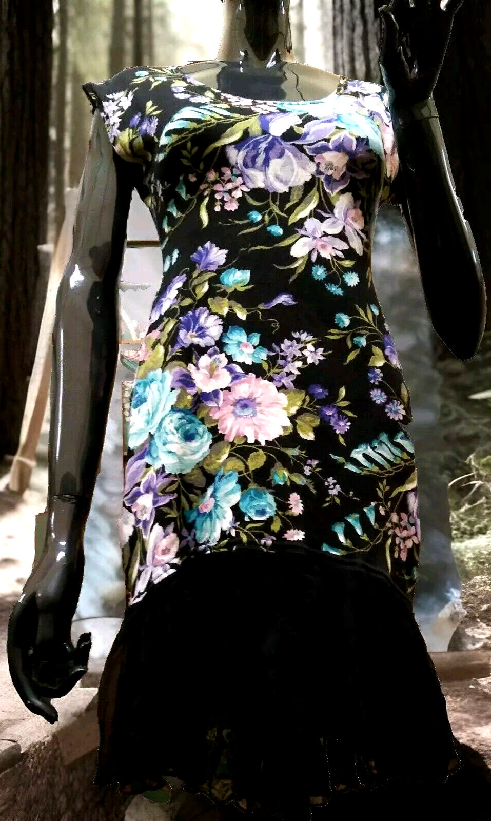 New Wave Dress S JAY JACOBS 1980s Chiffon Floral Stretch CUB WEAR Hip Hop Style