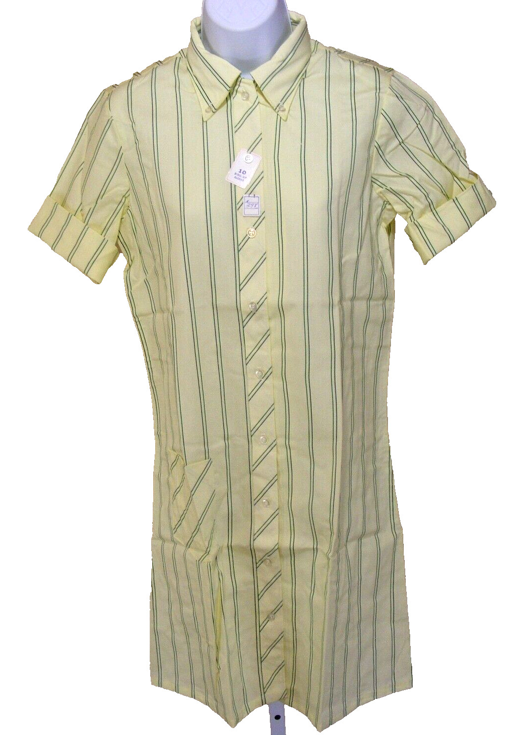 60s SHIRT DRESS BUTTON UP RAYON COTTON DEADSTOCK LEMON YELLOW GREEN STRIPE M
