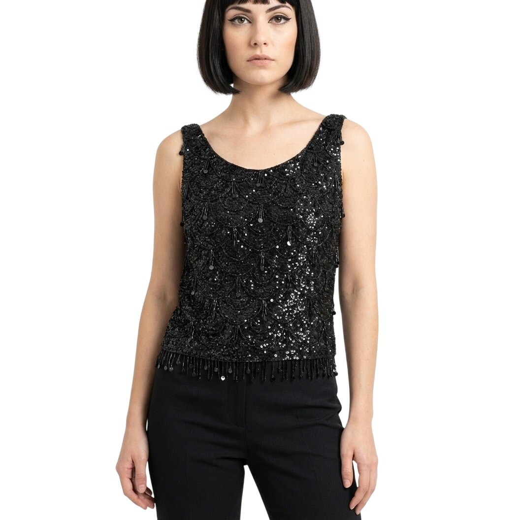 Vintage 1950s Black Beaded Shell Top Silk Lined Fringe Tassel M Collectible
