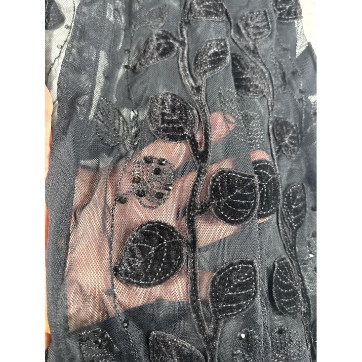 Vintage Black Sheer Duster Leaf Velvet Witchy Goth Beaded Maxi Open Front 59″