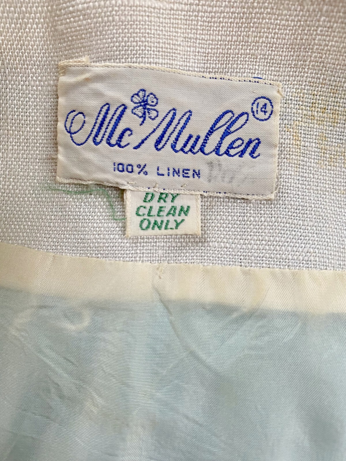 Vintage 1960 Linen Dress by McMullen White Turquoise Blue 37 Bust Sleeveless M L