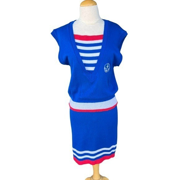 Vintage B.B. Knit Nautical Sailor Knit Skirt Set Medium Red White Blue USA Made