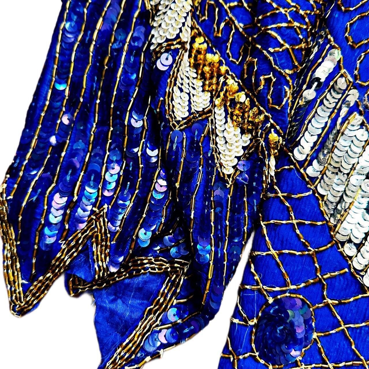 Stunning Vintage SILK INDIA Full Sequin Sapphire Blue Beaded Cocktail Dress M