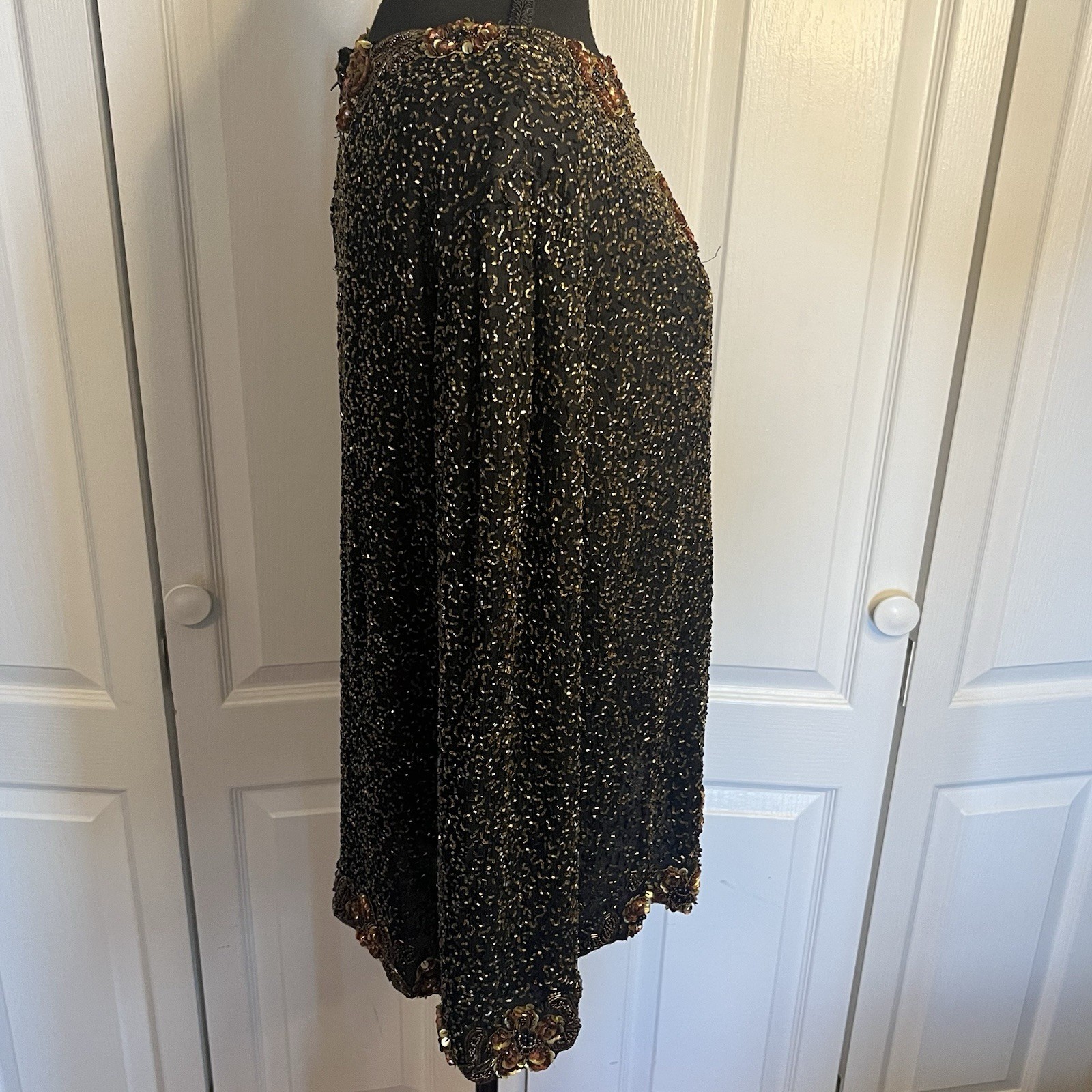Vintage Candlelight by Jainsons Black 100% Silk Beaded Sequin Top L 1980s Glam