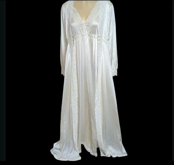 Vintage Miss Elaine 2 PC Maxi Nightgown & Robe Set Nylon Cotton Lace Trim Ivory