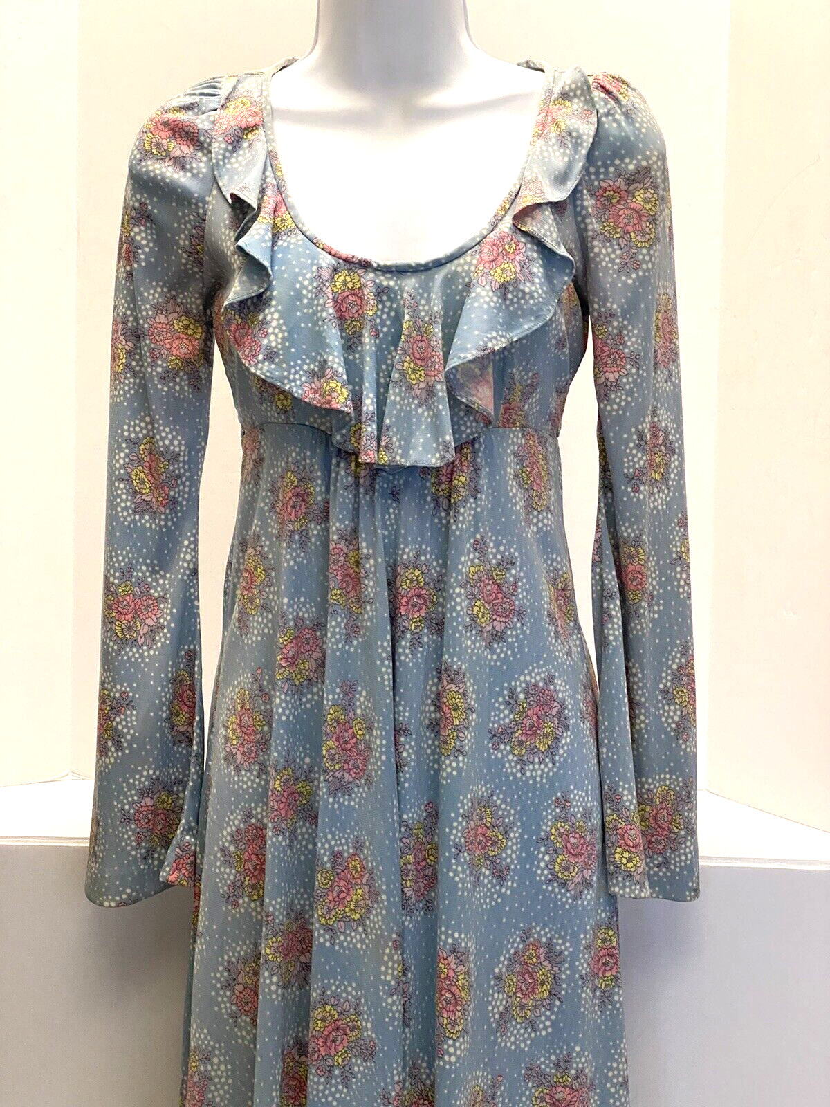 Vintage Phase II 70s Floral Maxi Dress Retro Hippy Boho Ruffled Empire Waist Sm
