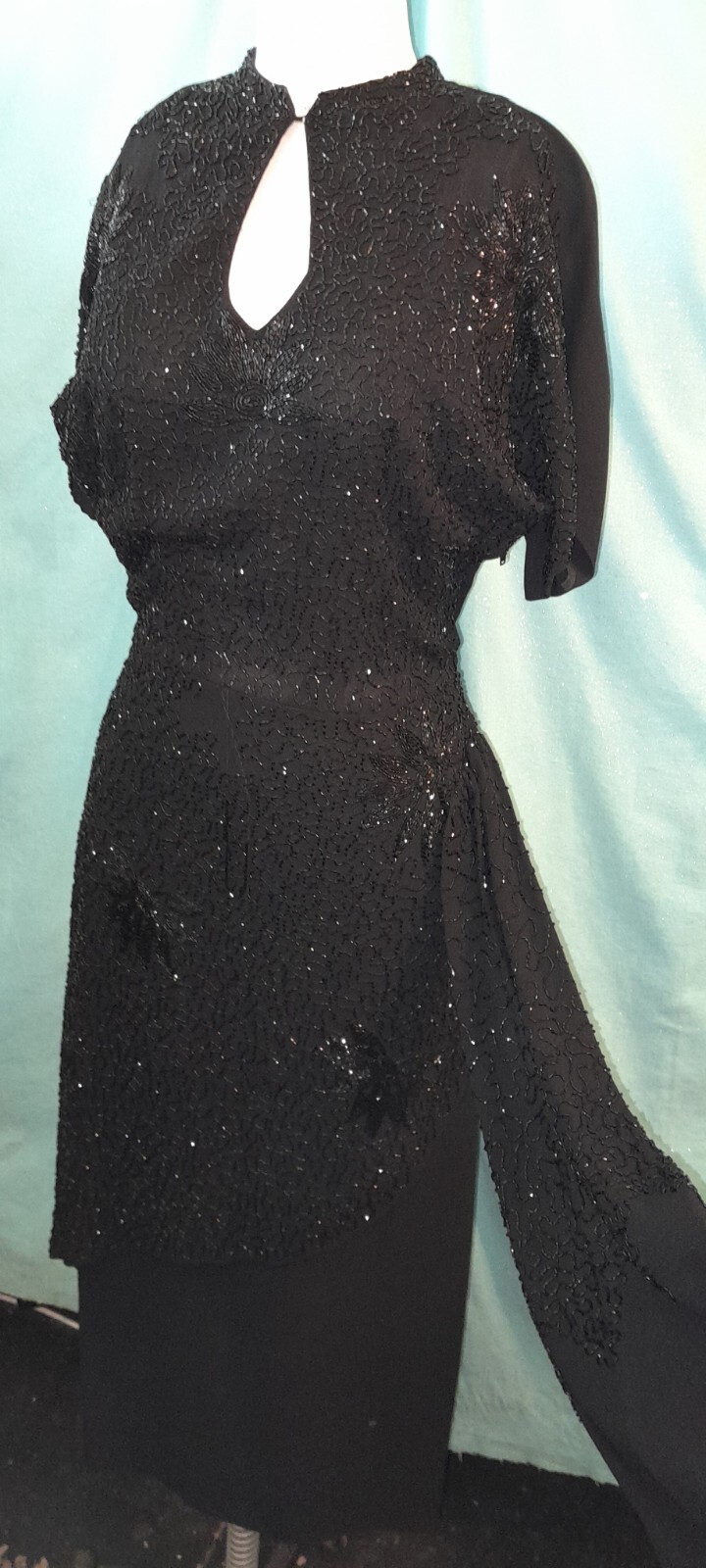 Vtg 1940s Rayon Crepe ENCRUSTED Beaded Black Evening Cocktail Long Sash Dress M