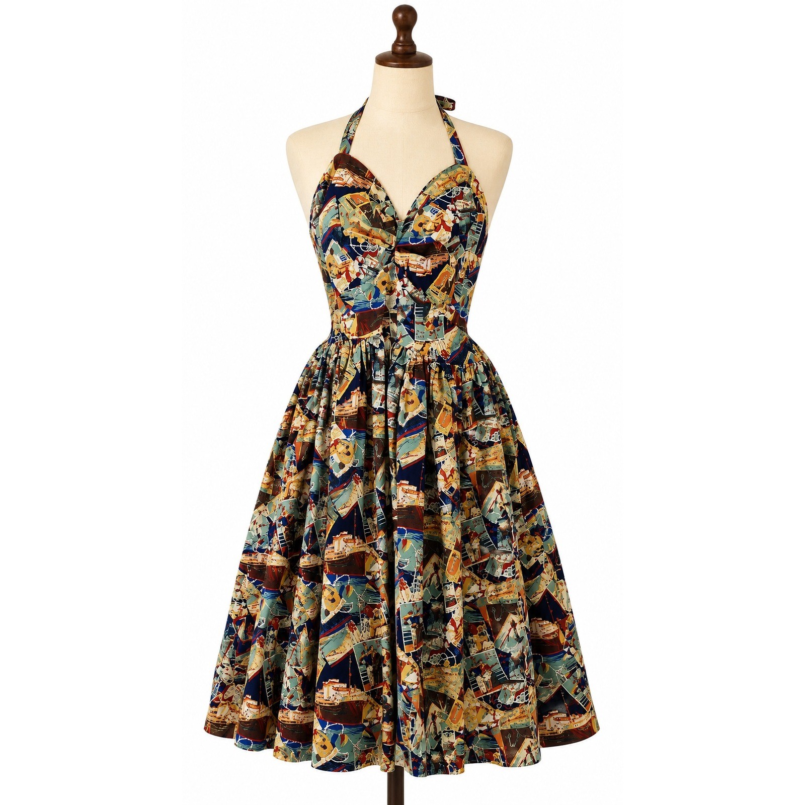 Amoureux Vintage Travel Postcard Halter Sundress Large Pinup Retro 50s Nautical