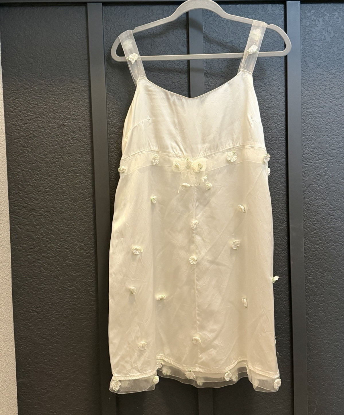 Vintage Women’s White Satin Organza Slip Dress- Floral Embroidered Ruffle