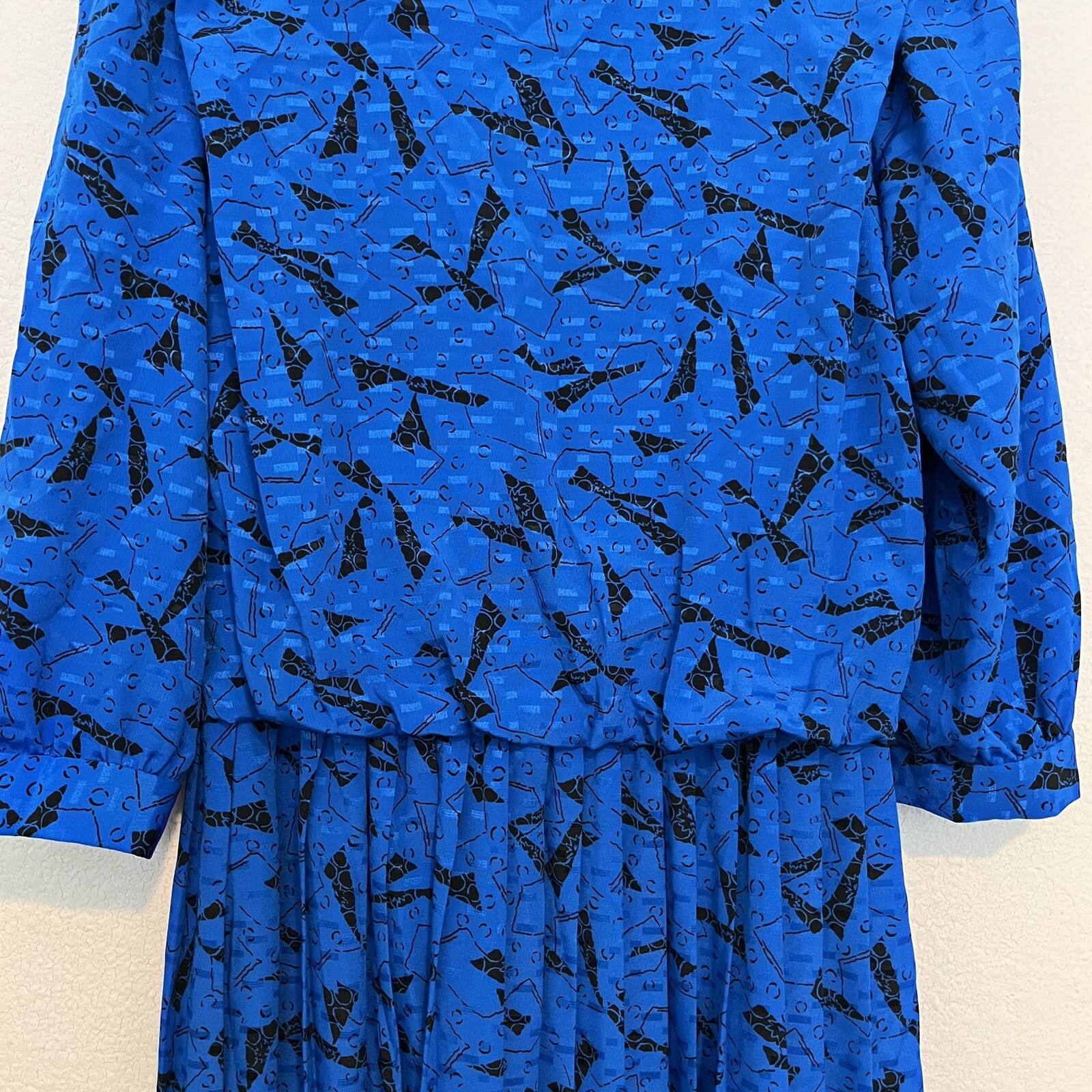 80s VLP Petites Blue Abstract Secretary Dress Elastic Waist Union Tag Vintage 14