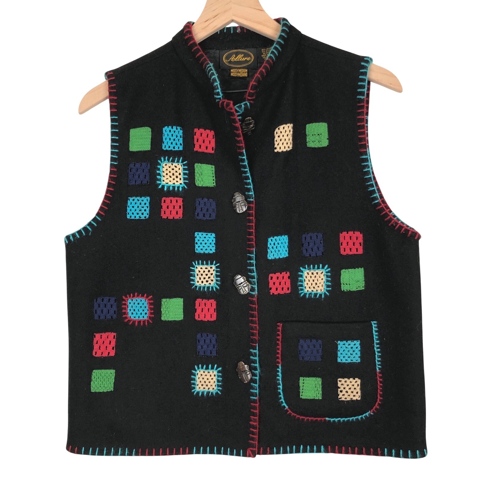 VTG ALLURE Wool Blend Embroidered Crochet Inset Vest Sz M Black Boho Unique