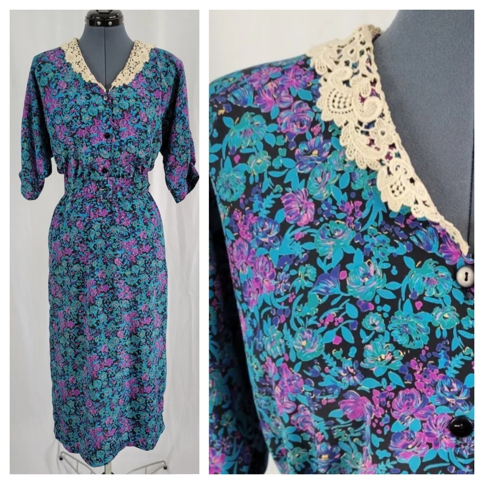 Vtg John Richard Teal/Purple/Black Floral Dress w Lace Collar 38″ Bust Sz 10?