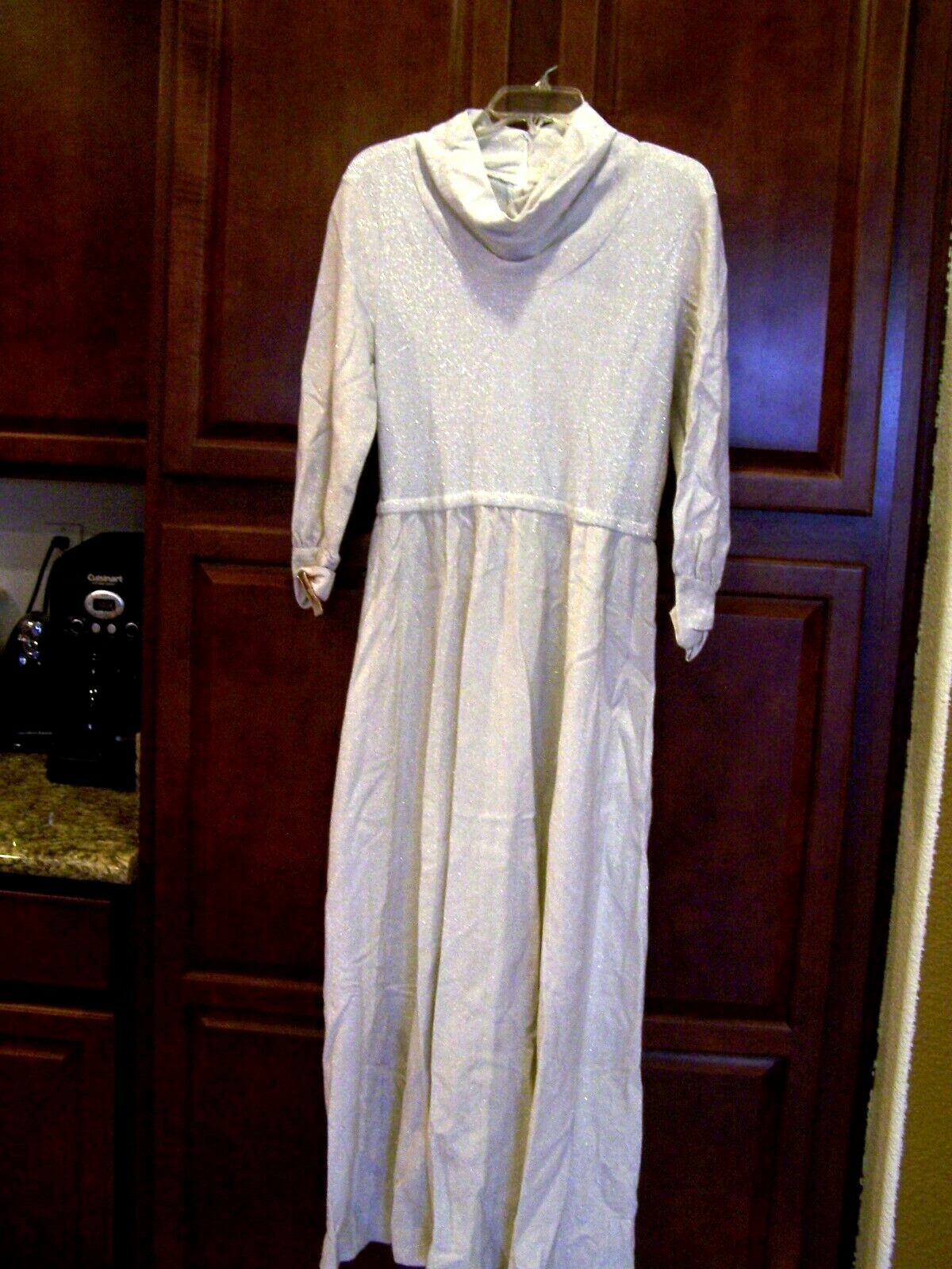 Miss Magnin silver metallic maxi dress, sz. S, 34″ chest, c. 1970s