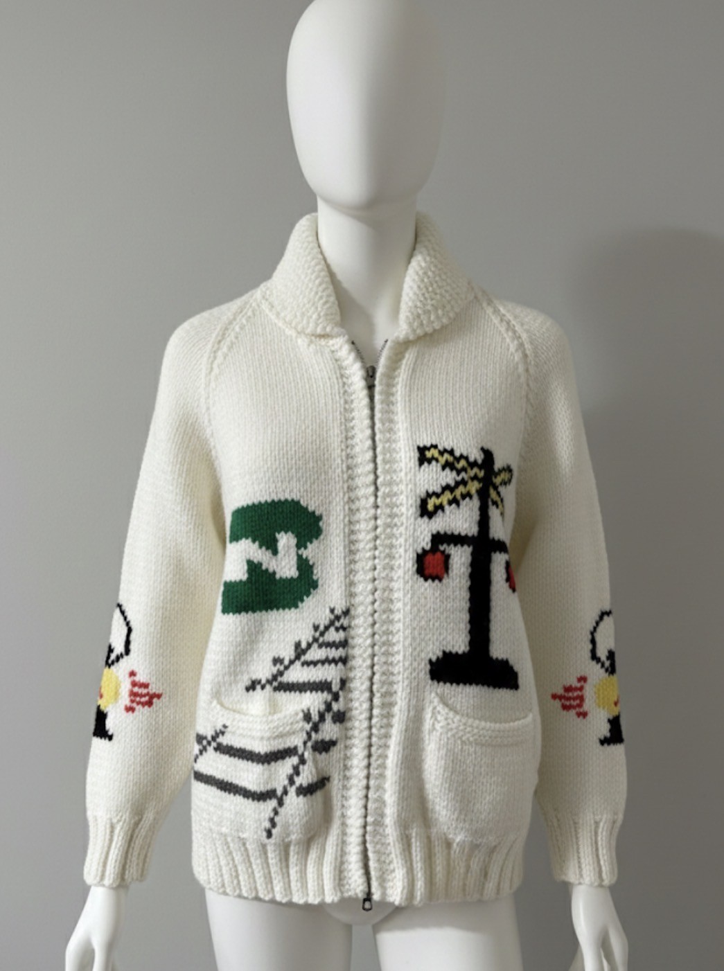 Hand crafted train theme Knit Wool Sweater Curling Stone Zip Cardigan, Size L