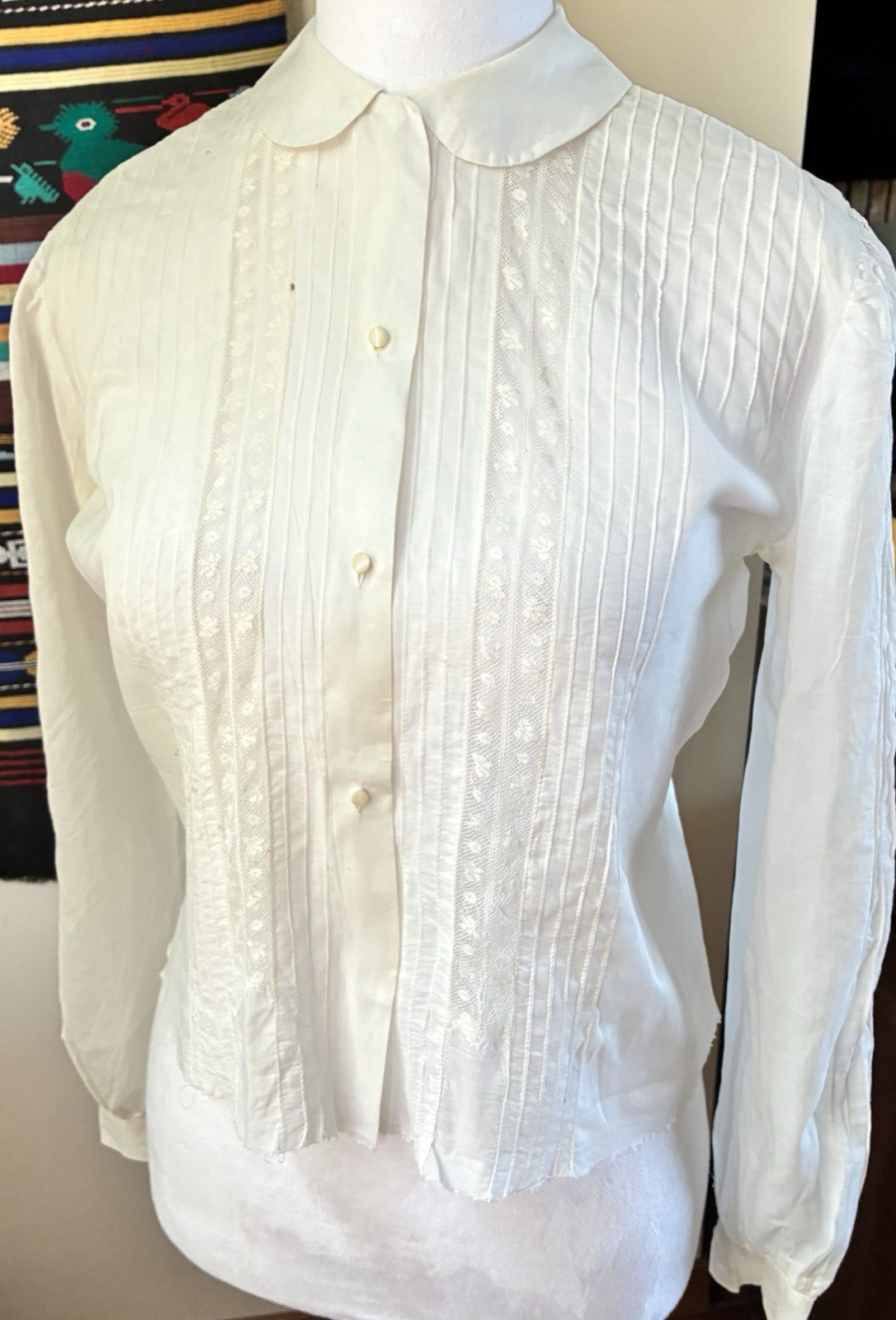 Vintage Handmade 40s White Pintuck Lace Button Up Blouse Top Size M