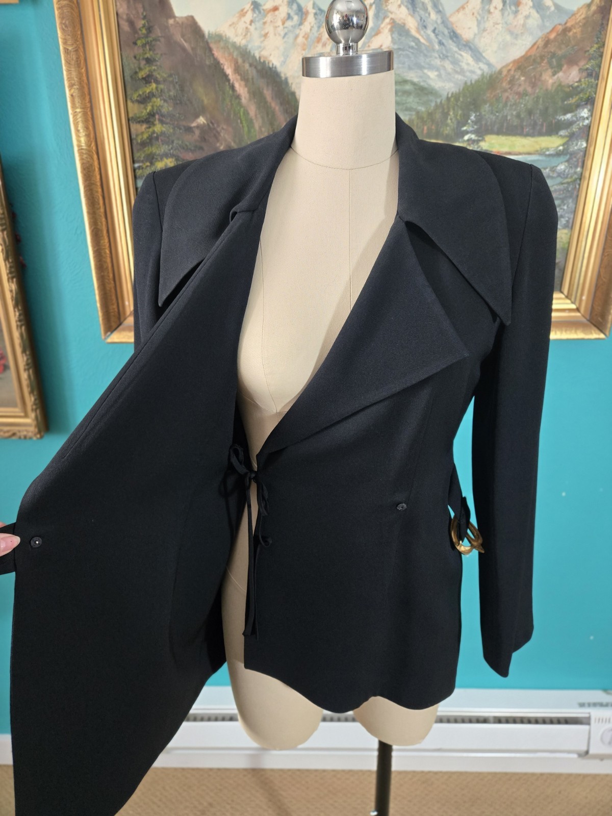 Vtg 1980s Kathryn Dianos Dagger Collar Goth Black Asymmetric Blazer