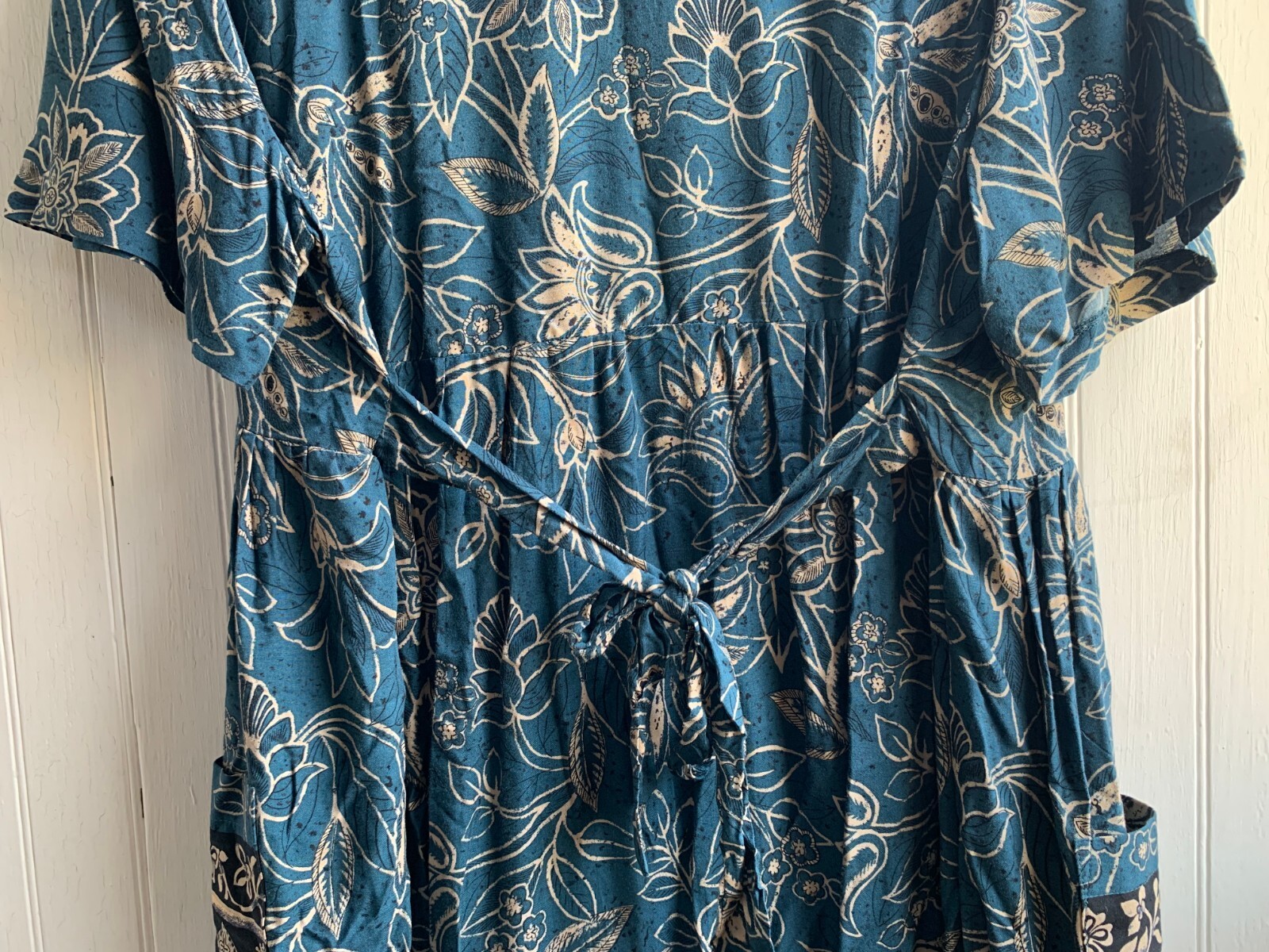 More Jazz Vintage 90s Y2K Blue Floral Waist Tie Maxi Dress Buttons Pockets SZ 2X