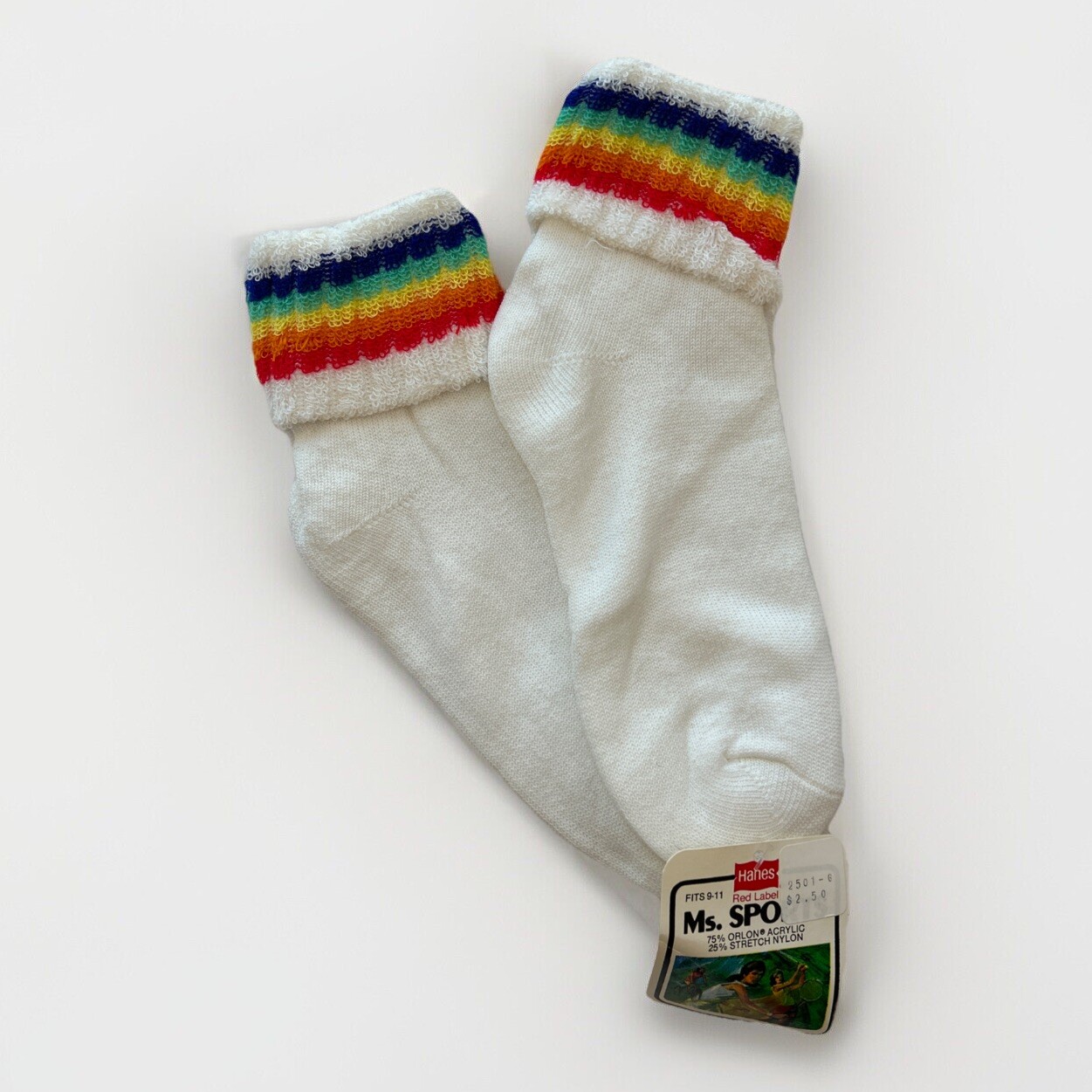 VTG Hanes Ms Sports Socks Terry Cuff Striped 9-11 Orlon Acrylic 80s Multi Color.