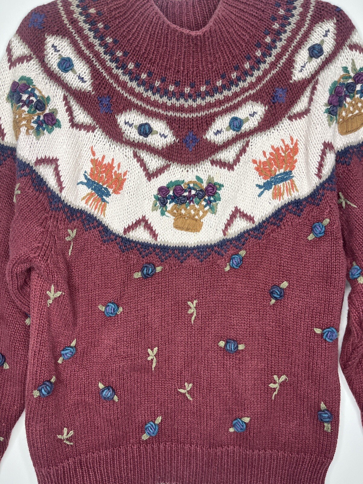 Van Heusen Hand Knitted For Her Floral Sweater Burgundy Size Small Vintage