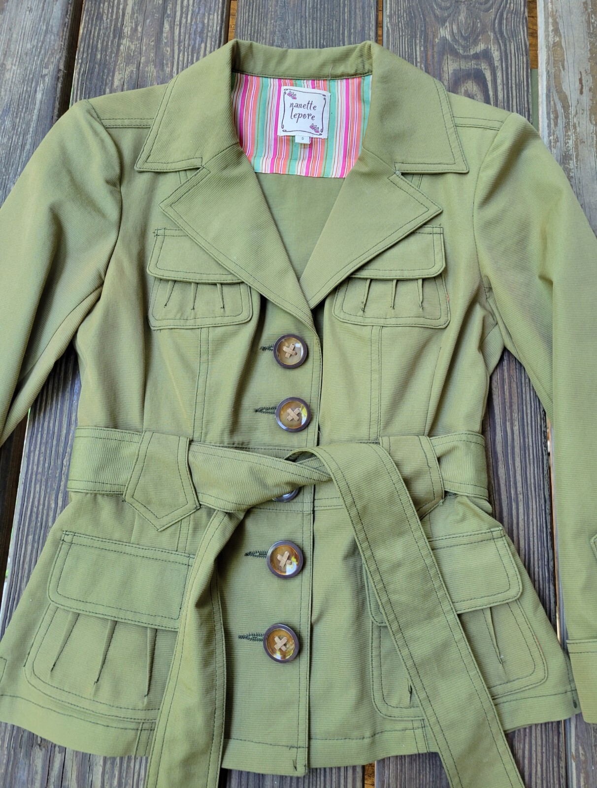 Nanette Lepore vintage 00s military style olive green jacket belt big buttons 0