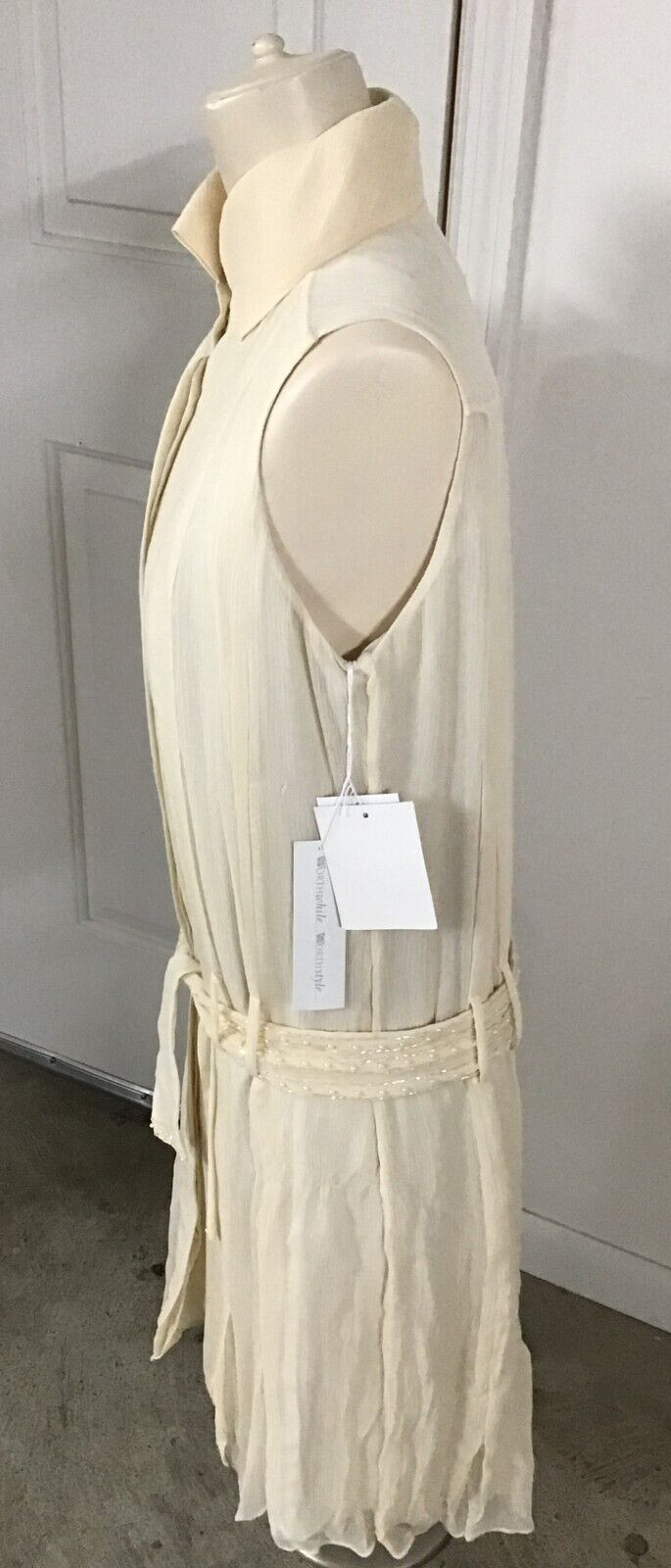 W by Worth Petite 100% Silk Cream Vintage Size 8 Lined Sheath Dress Beaded Belt