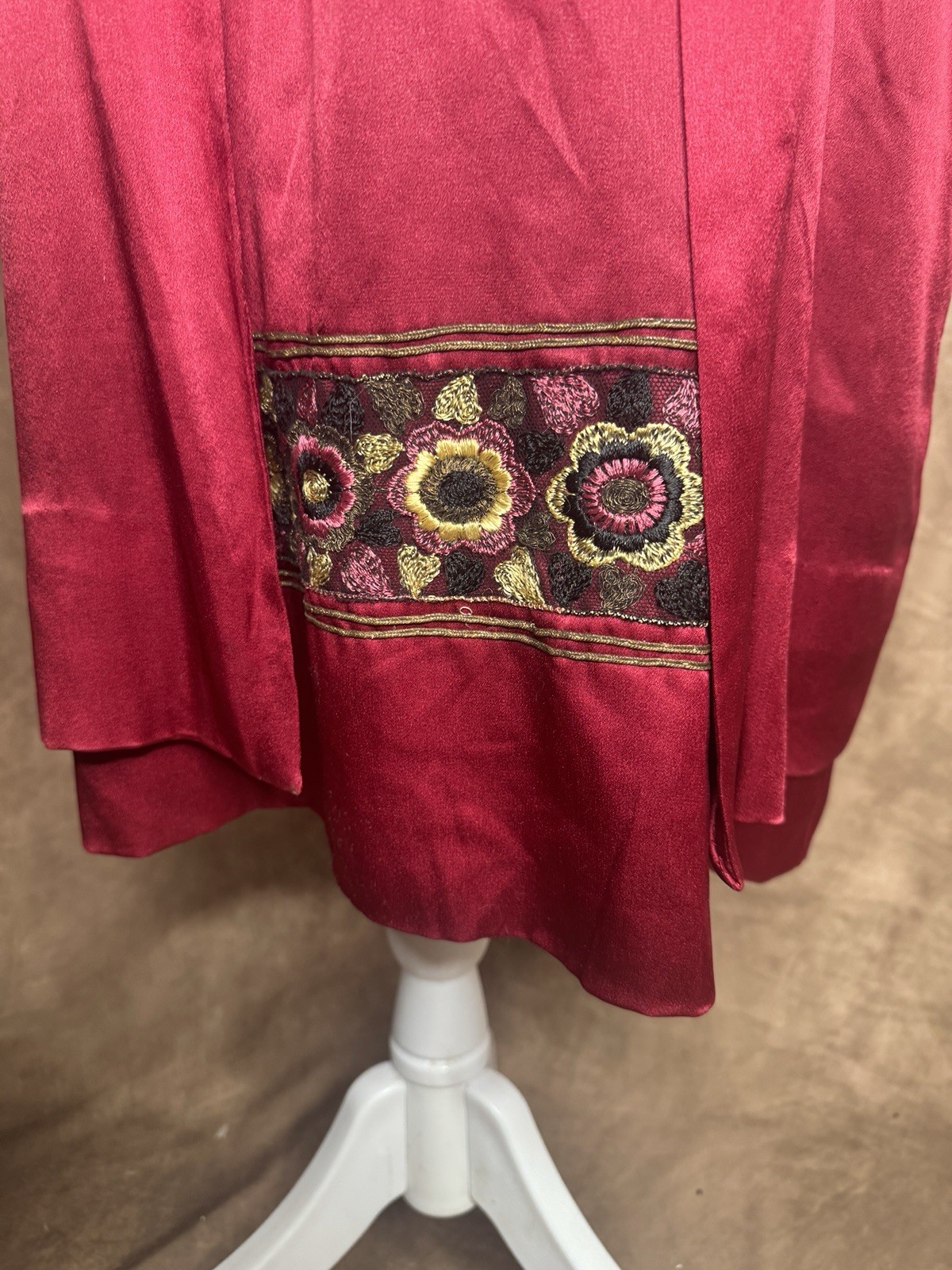 Antique 1910s 1920s Red Satin Dress Embroidered Trim Enamel Buckles Drop Waist