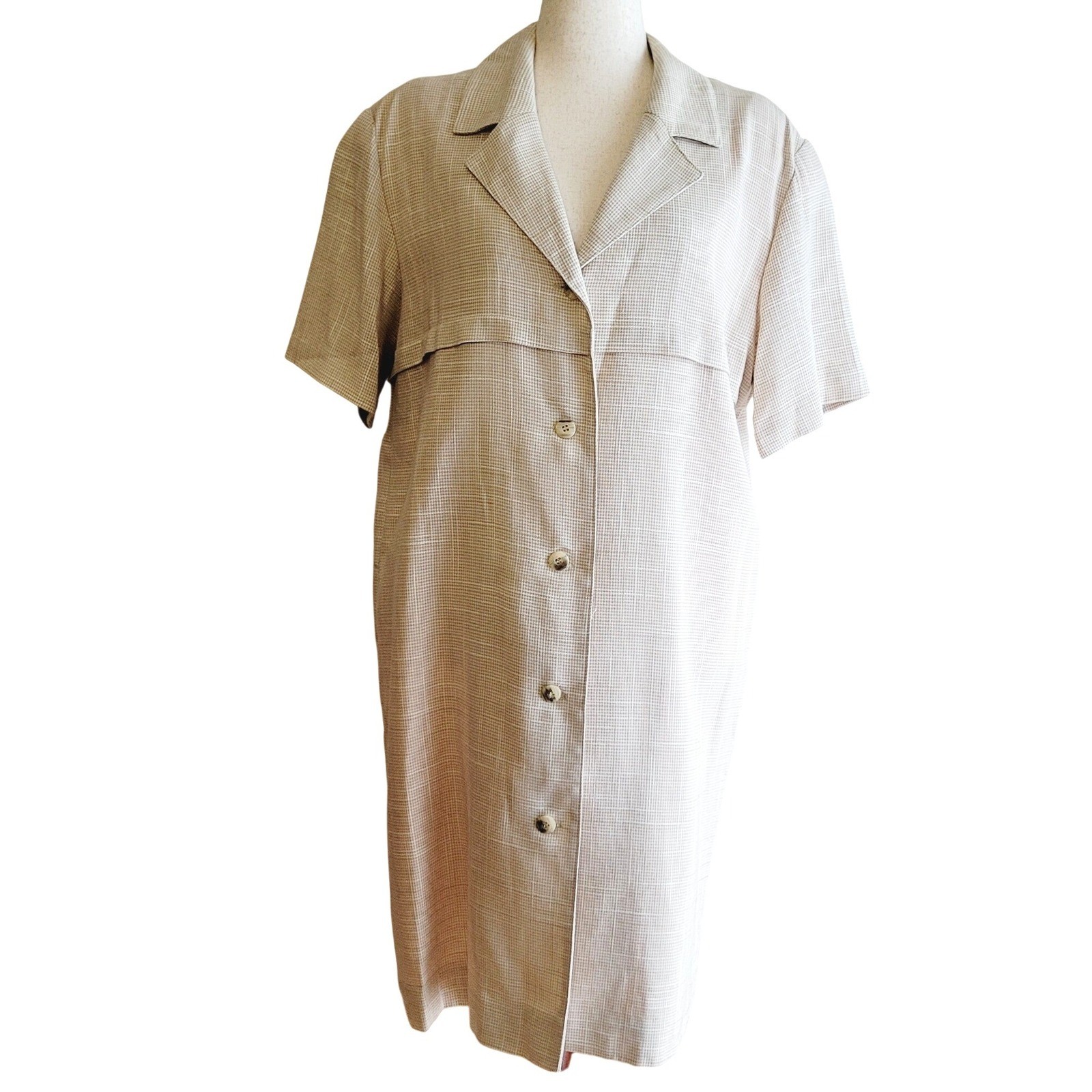 Vintage David Warren Linen-Look Button-Front Jacket Dress- sz. 16- Neutral Plaid