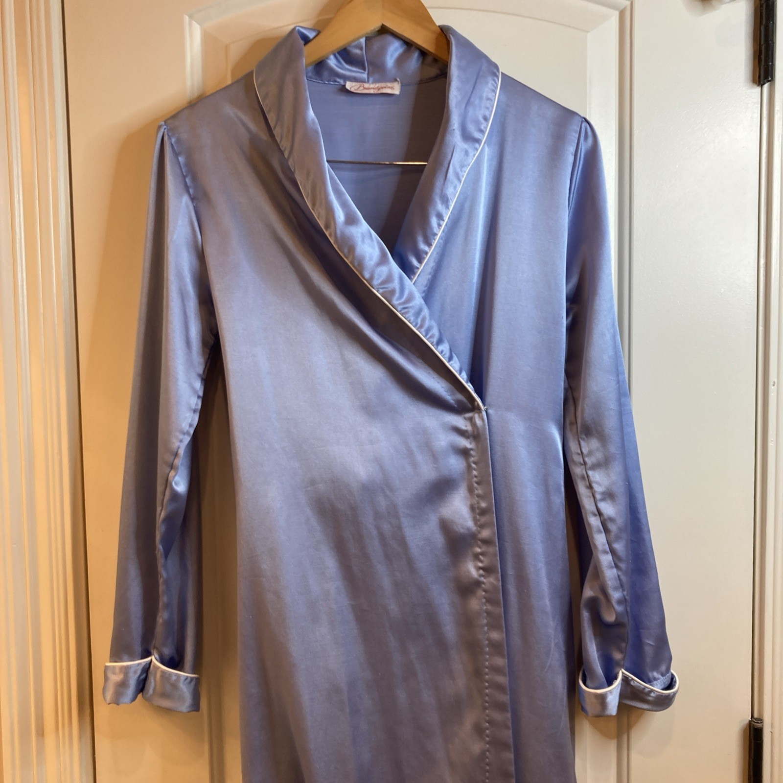 Vintage Brandywine Blue Satin Long Nightgown & Matching Robe Lace Retro MCM M/L