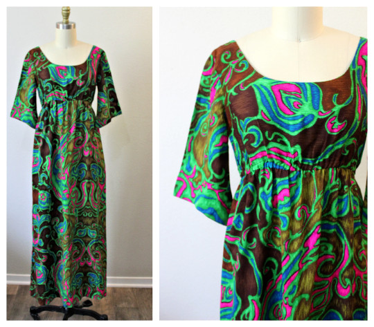 VTG 60s Neon Green Hawaiian kimono sleeve Hookano barkcloth dress tiki