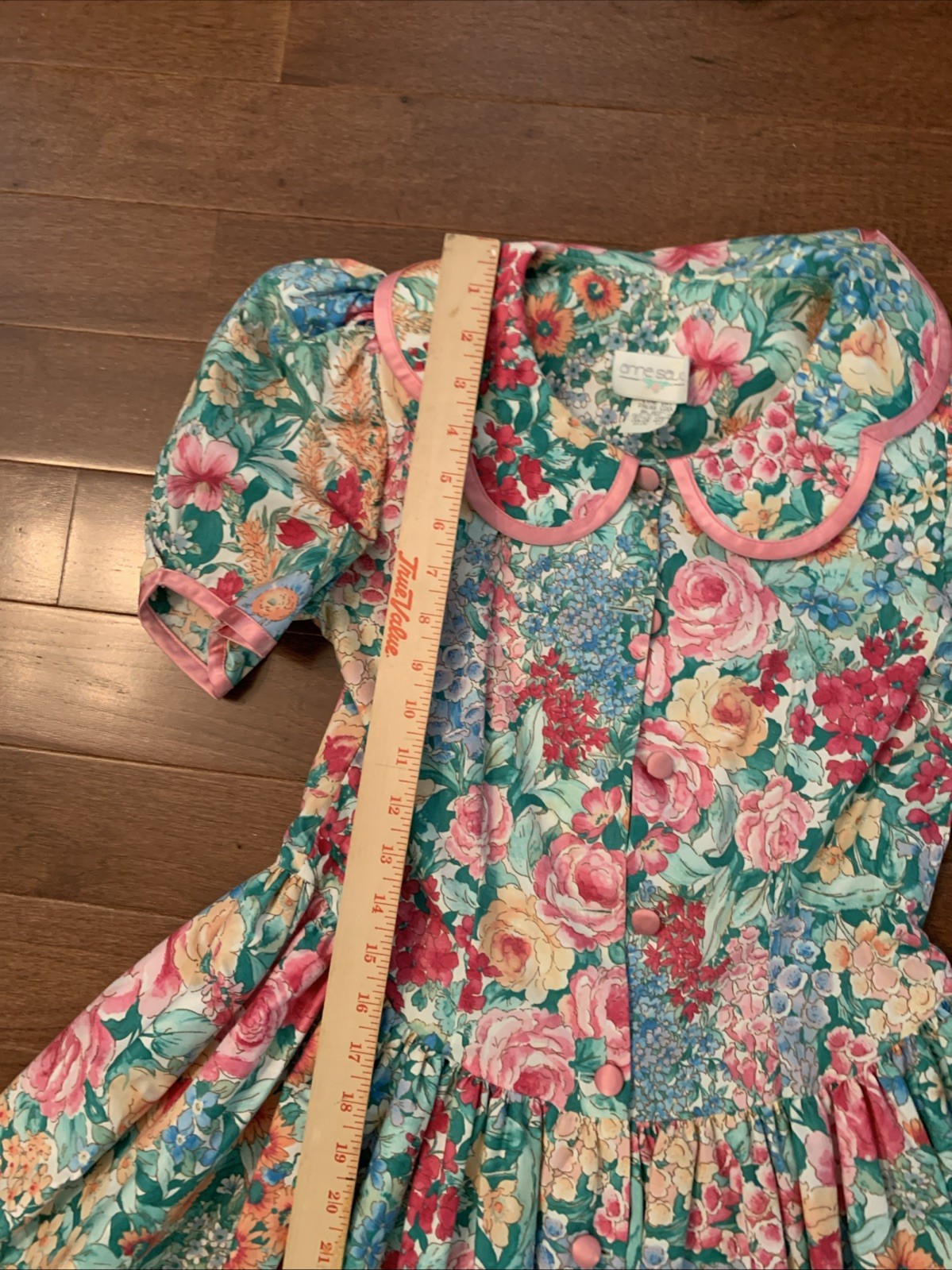 Vtg 80’s Cotton Floral Cottage Drop Waist Puff Slv Petticoat Dress Girls 12