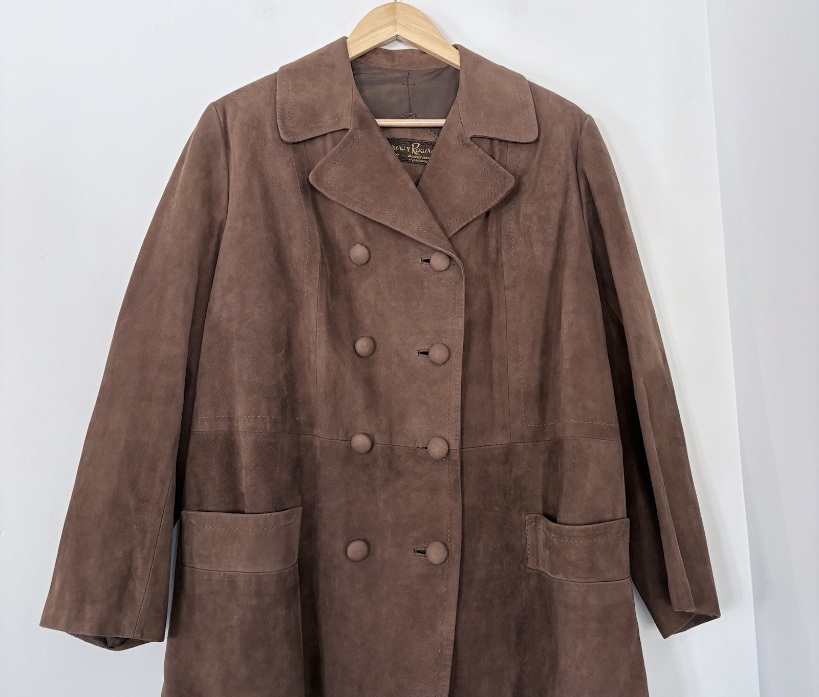 Vintage HERRERO Y RODERO Suede Leather Long Coat Button Sz L 60s 70s Barcelona