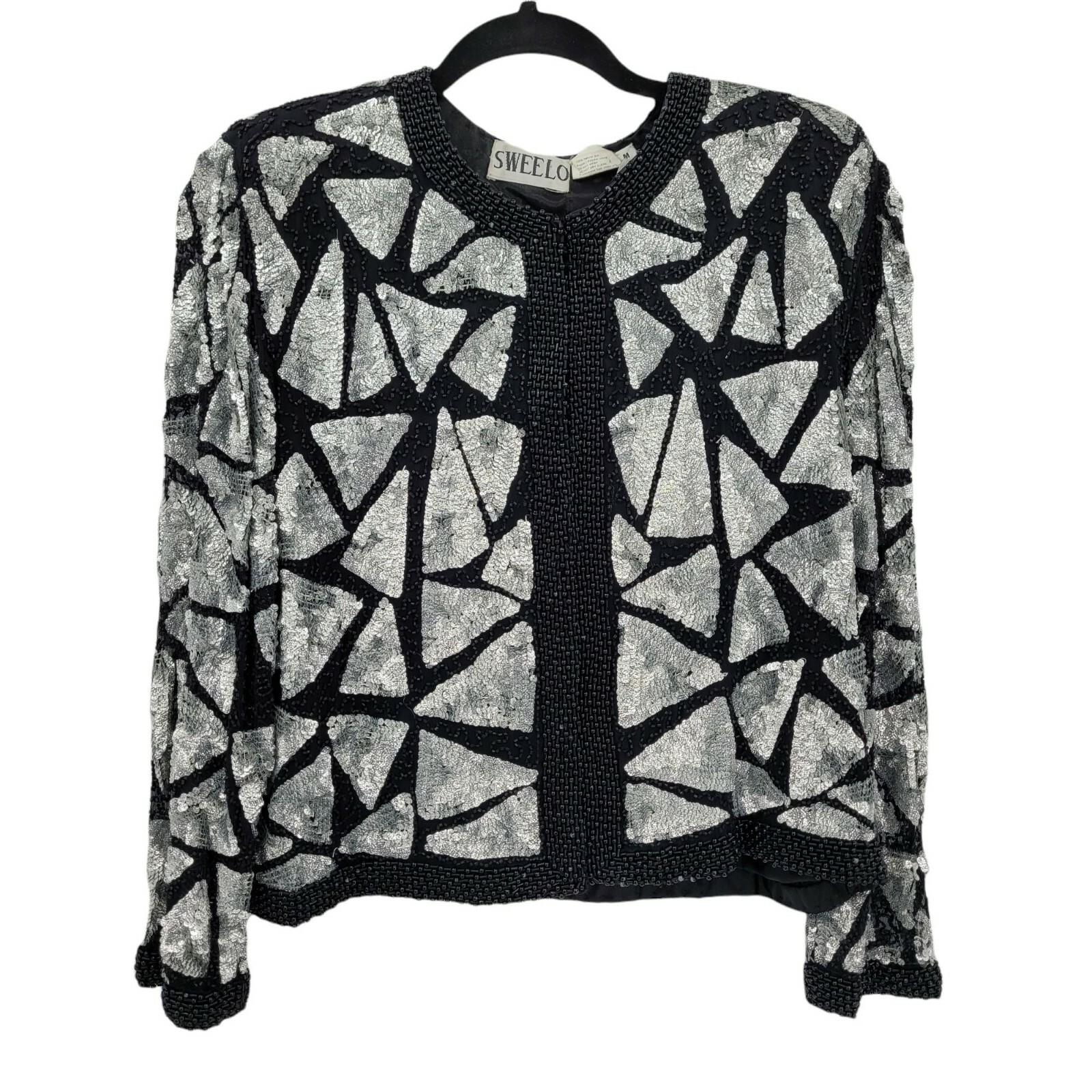 Vintage 80’s Sweelo Blazer M Silk Geometric Black Silver Metallic Sequin Beaded