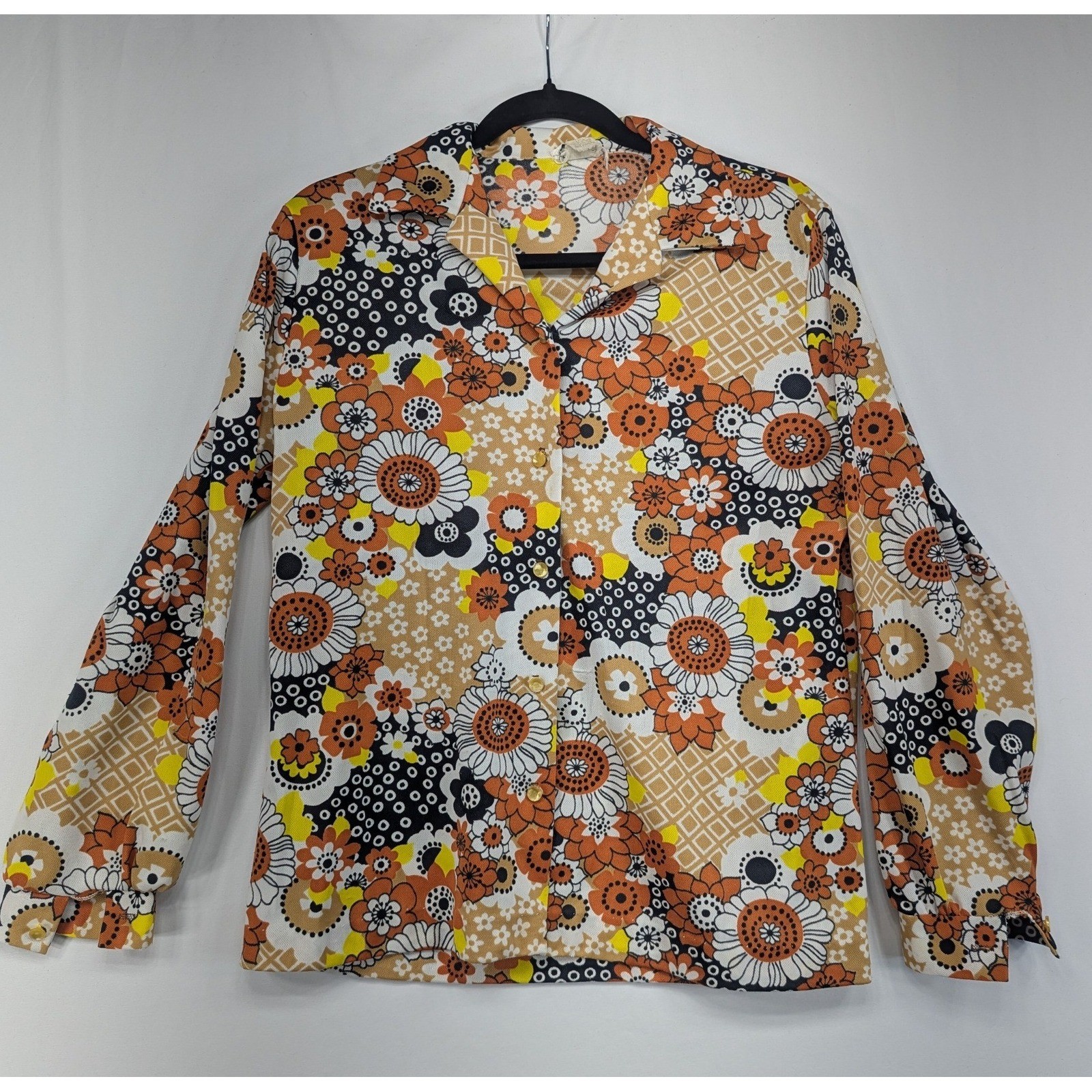 Vintage Lanie J 70s Floral Button Up Blouse Orange Yellow Disco Top