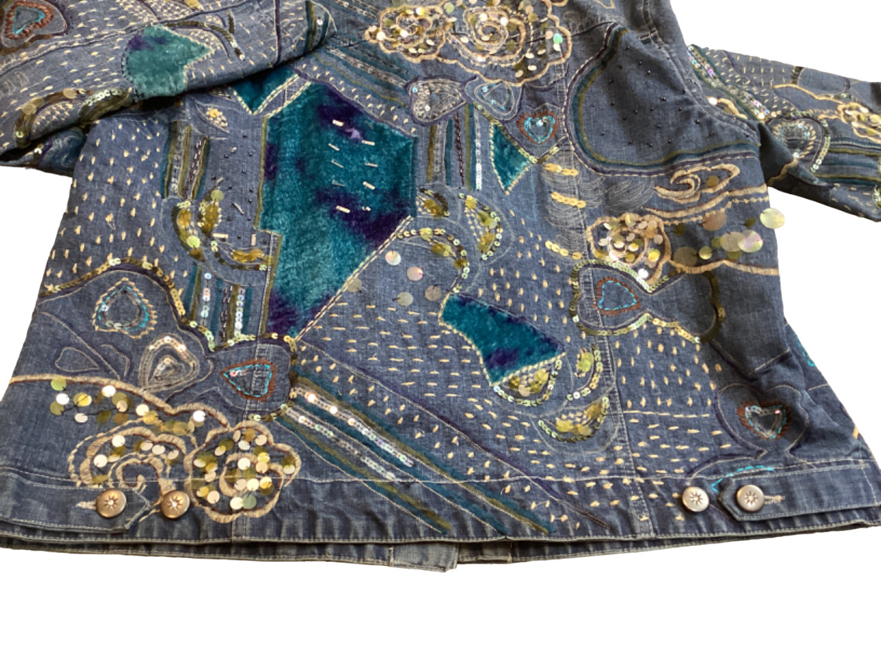 Chico’s Designs Denim Jacket Womens 3 Sequins Embroidery Beaded Boho 80’s Vtg