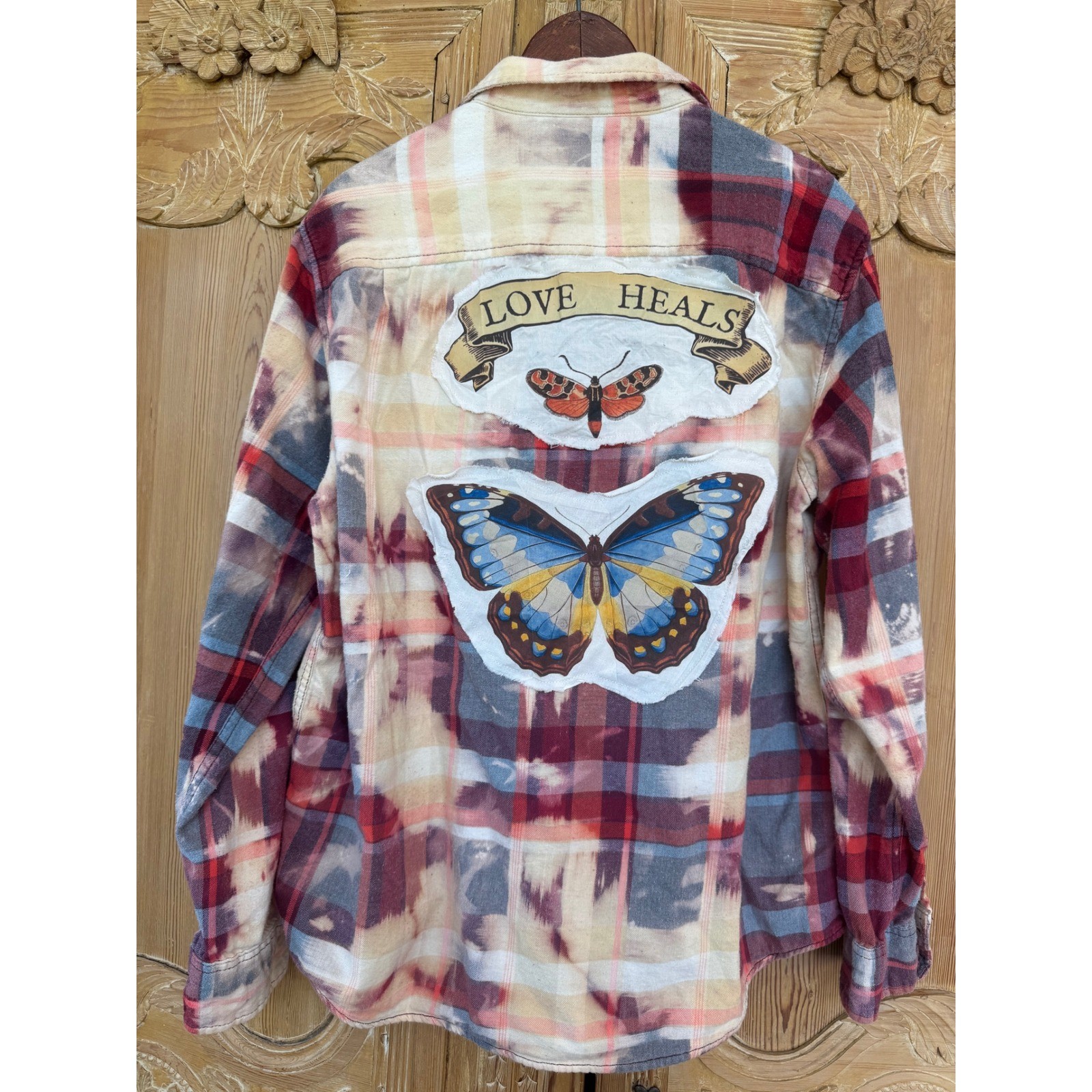 Upcycled Butterfly Flannel Shirt Large Bleach Dyed Love Heals Cotton