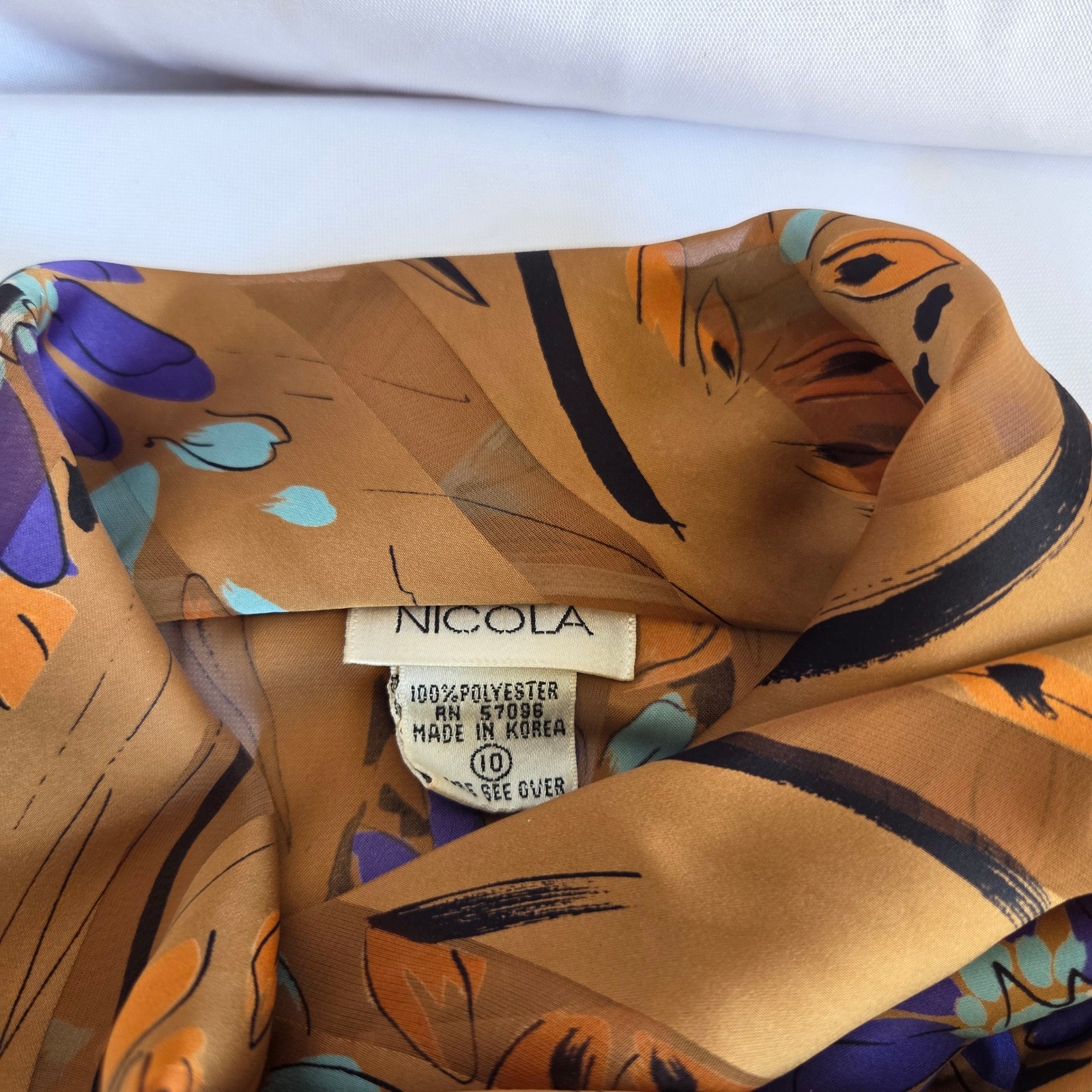Vintage Nicola Floral Pussy Bow Blouse Brown Orange Purple Shoulder Pads Sz 10