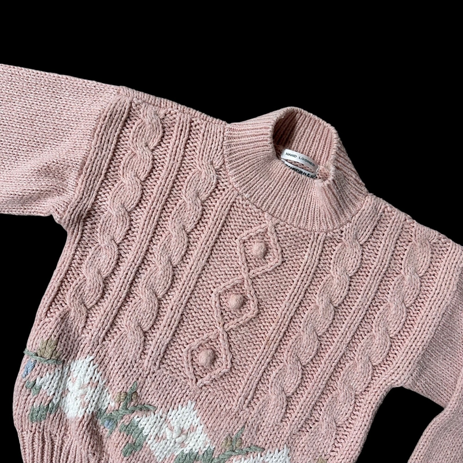 Vintage Pink Cable Knit Sweater Small Currants Hand Loomed Cottage 1980s Korea