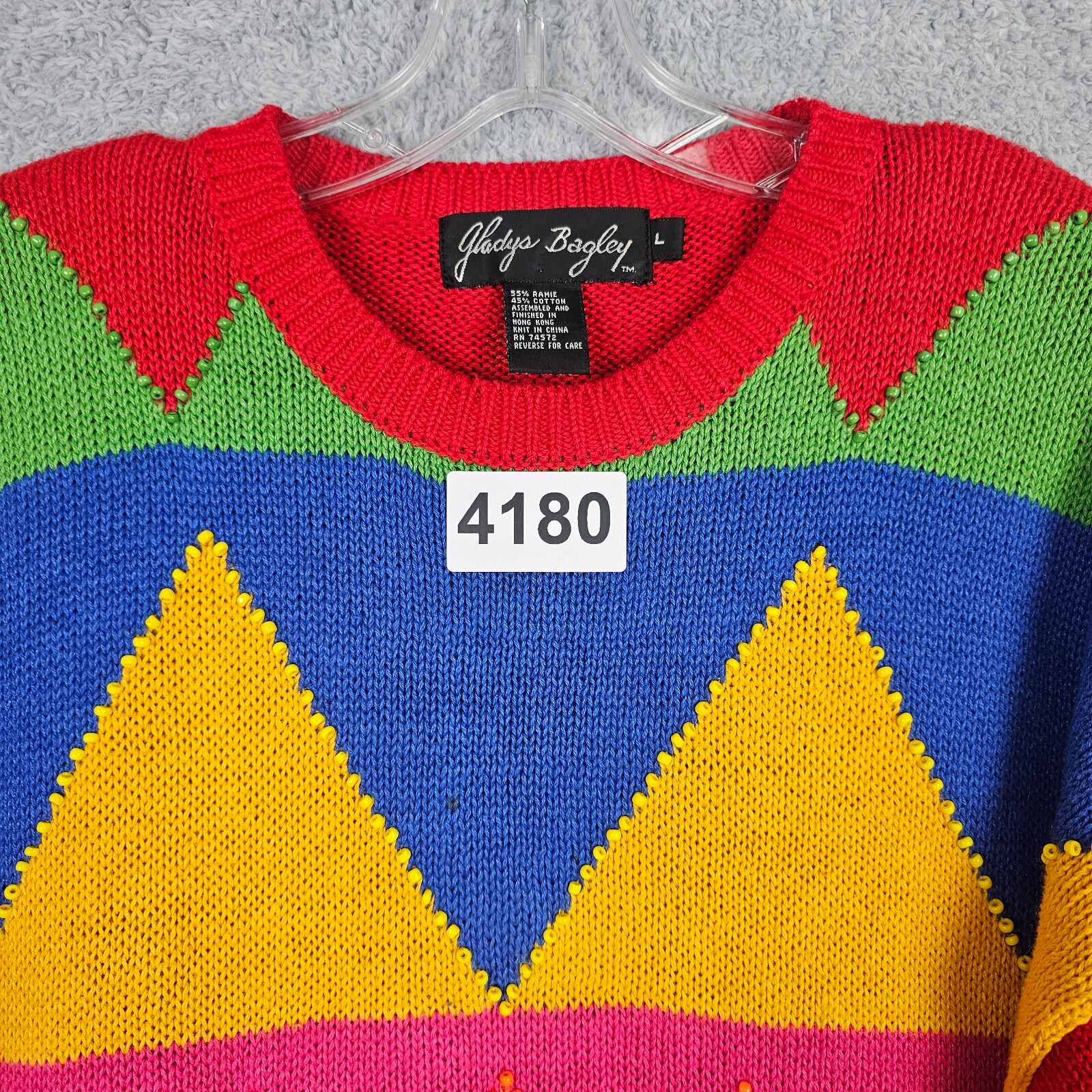 Vintage 80s Womens Sweater Large Red Hip Hop Colorblock Beaded Geometric Cotton
