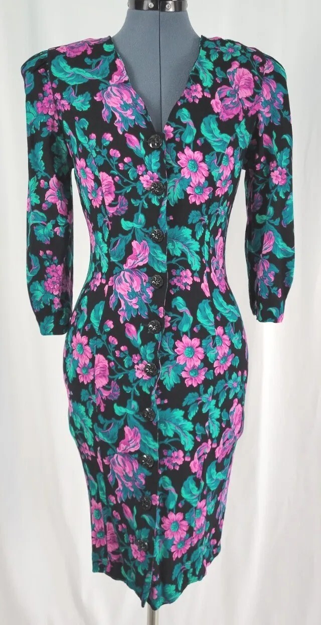Vintage Black Fitted Dress w Purple & Green Florals & Button Down Front Sz 9/10