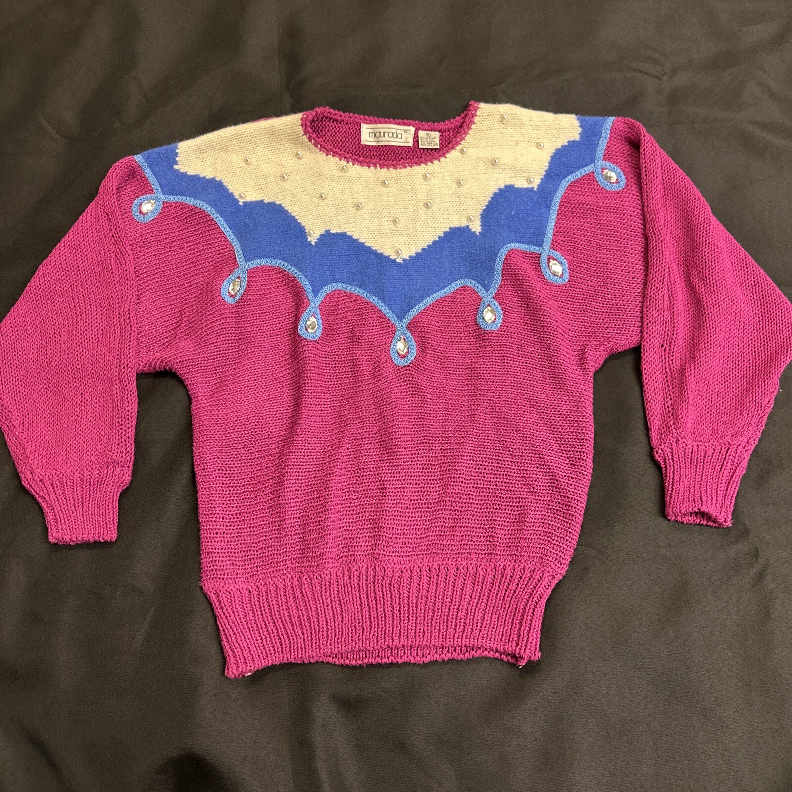 Vintage 80s Maurada XL Fuchsia Beaded Sweater KB-186