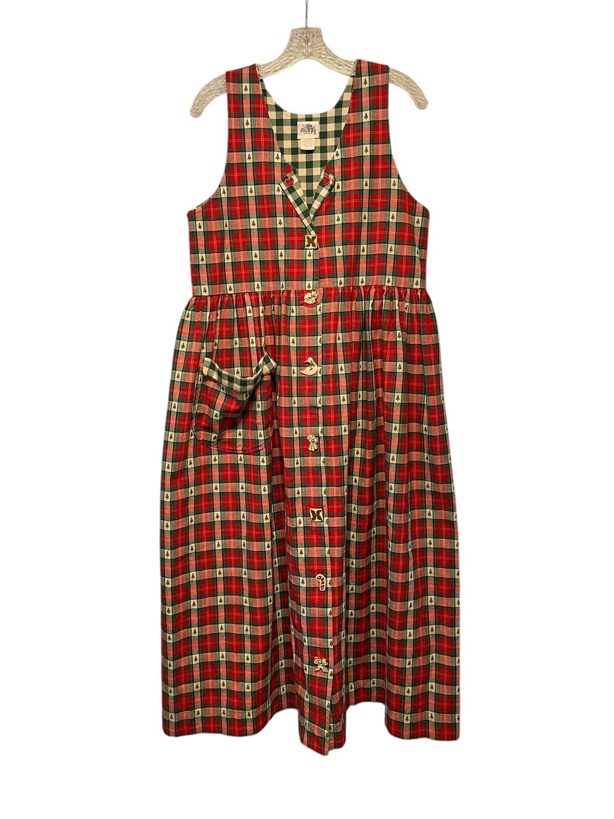 Vtg Dogwood Lane Dress S Red Green Plaid Christmas Tree Holiday Ceramic Buttons