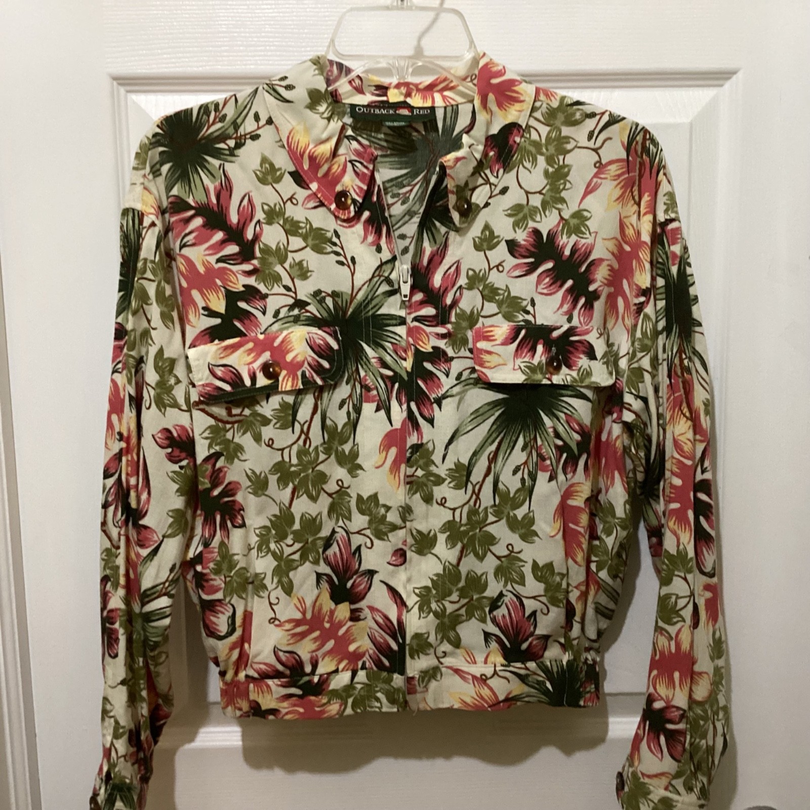 VTG 90s OUTBACK RED Blouse Top Jacket Zip Cropped Floral Rayon ~Small