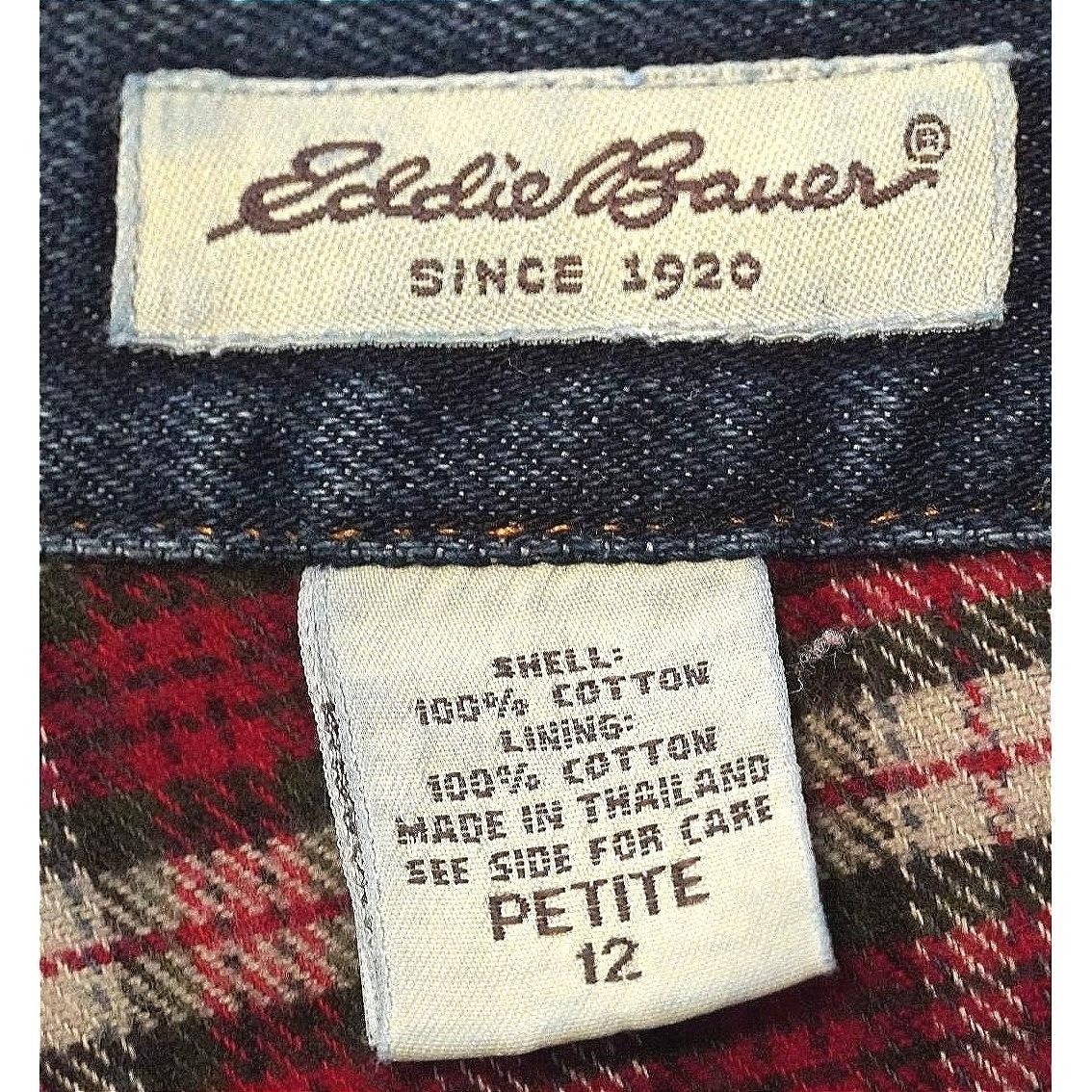 Vintage Eddie Bauer Flannel Lined Jeans Women 12 Petite Blue Plaid High Rise Mom