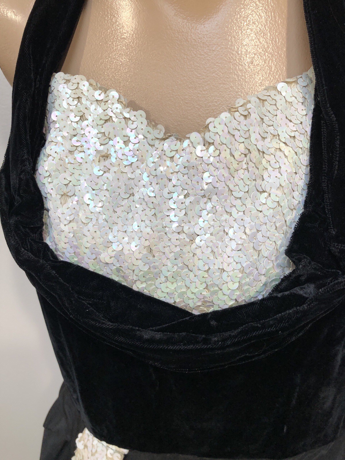 VTG 50s VELVET Sweetheart Iridescent Sequin Cascade PEPLUM COCKTAIL HALTER DRESS