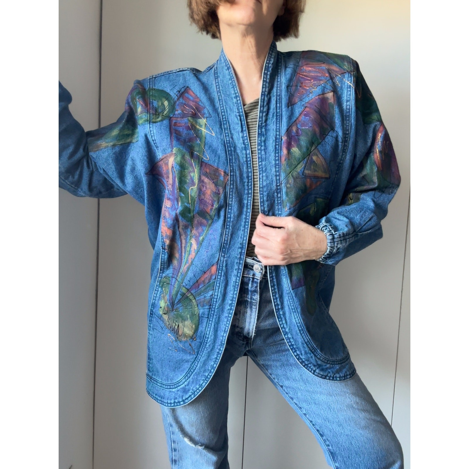 Vintage 80s Denim Jacket Size small Made USA Handpainted Retro Era Unique