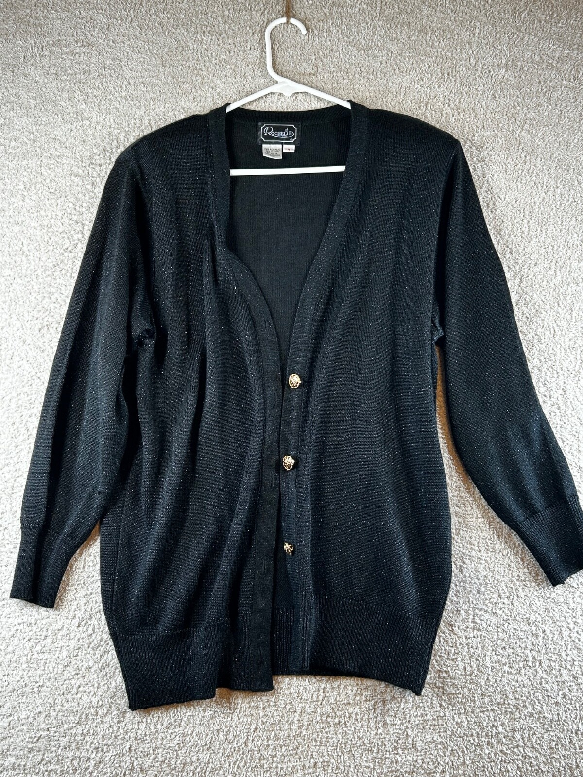 Vintage Rochelle California Black Gold Lurex Cardigan Women’s M 80s Metallic Kni