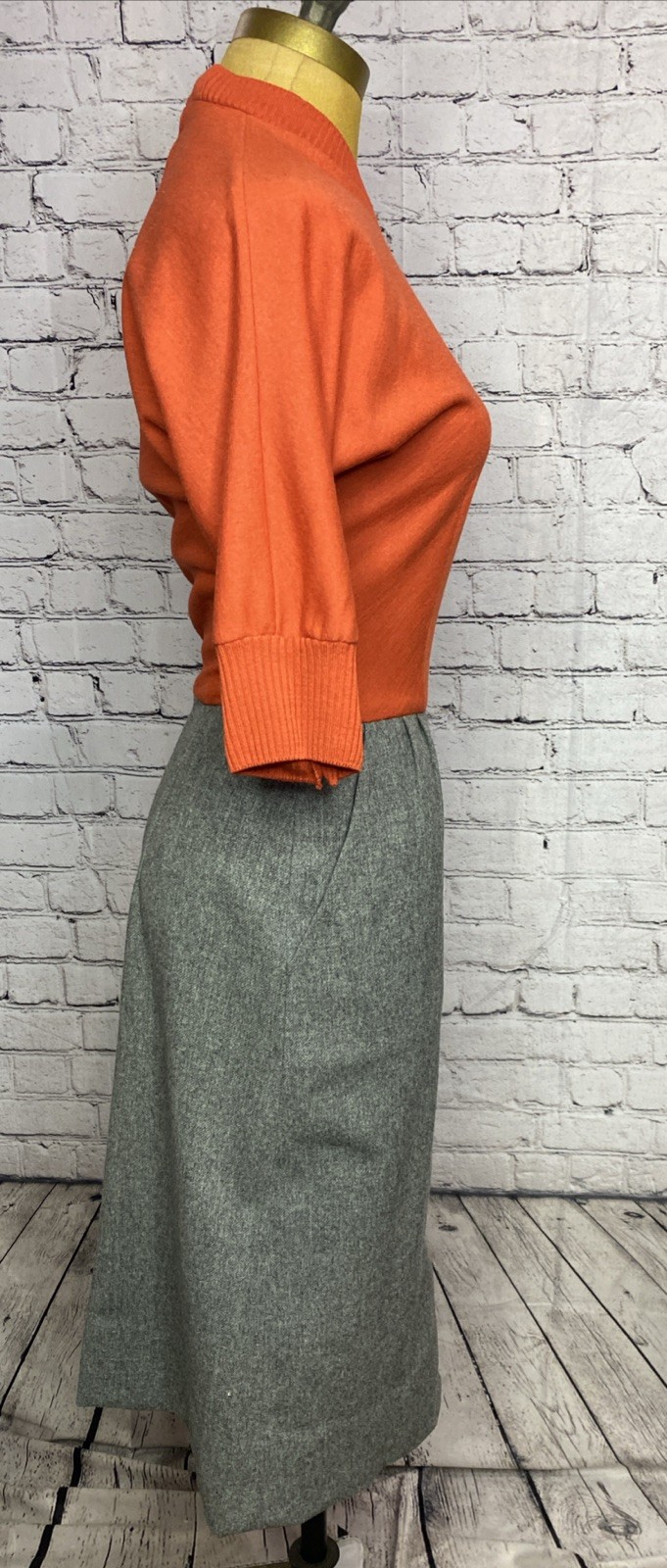 Vtg 60s Mod Marion McCoy Wool Orange Dress 3/4 Sleeve MIDI Pencil Secretary